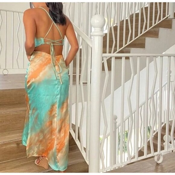 Coastal Resortwear Satin Midi Dress Medium Tie Dye Cut-Out Strappy Back ACOA - Picture 3 of 12